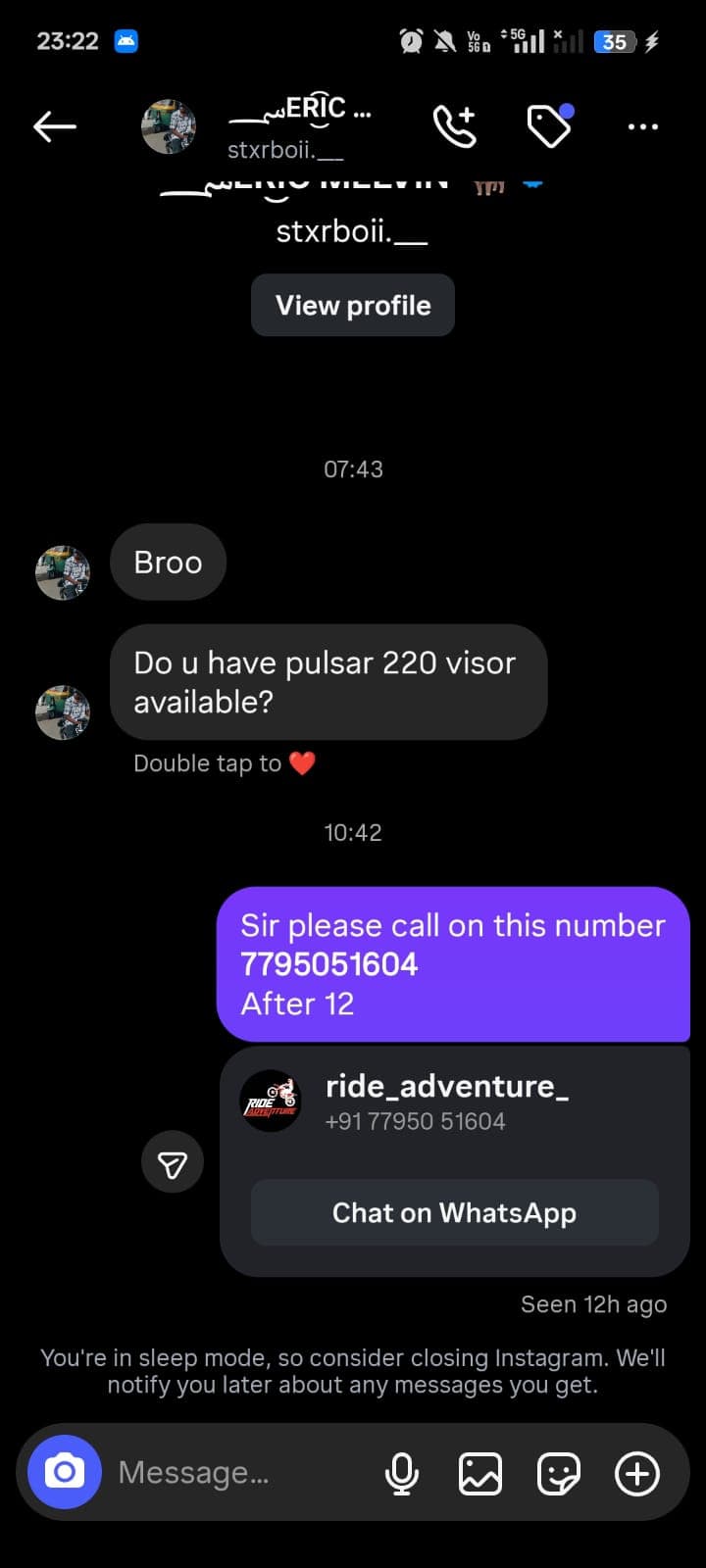 Ride Adventure organic Instagram inquiry preview one