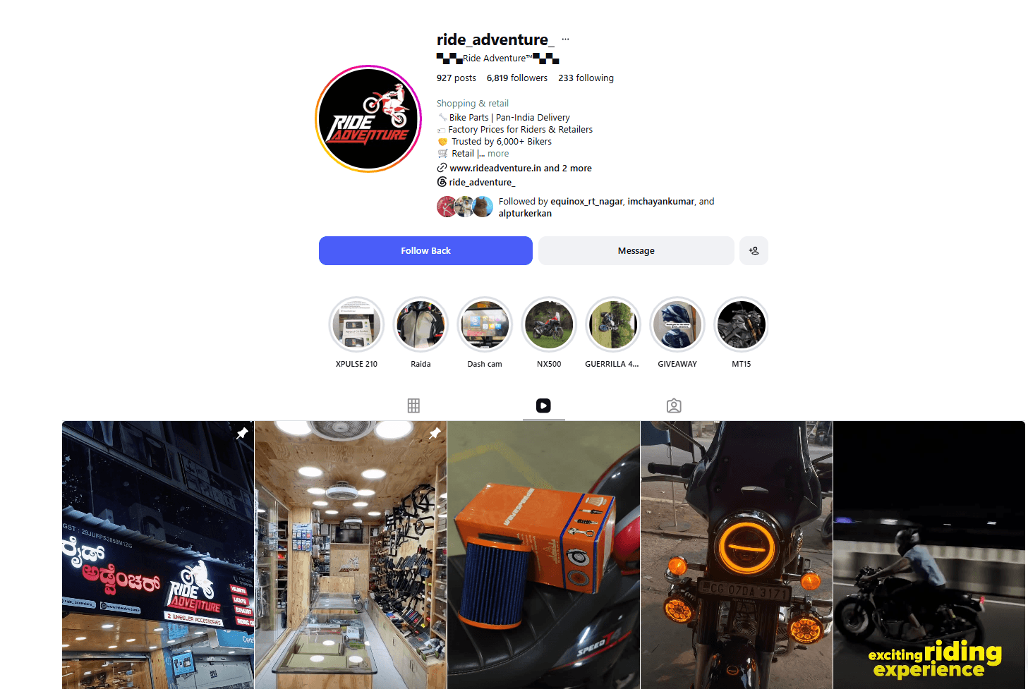 Ride Adventure Instagram profile preview managed by SniperCoders